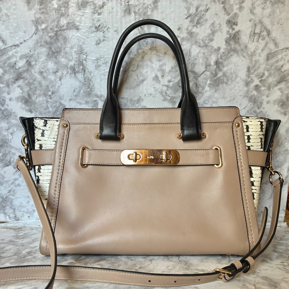 Coach swagger colorblock bag taupe and snake print
